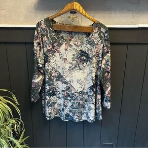 One World Women's Multi Pattern Floral Embellished Top 3X‎